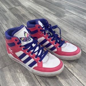 adidas sneakers purple, pink, and white